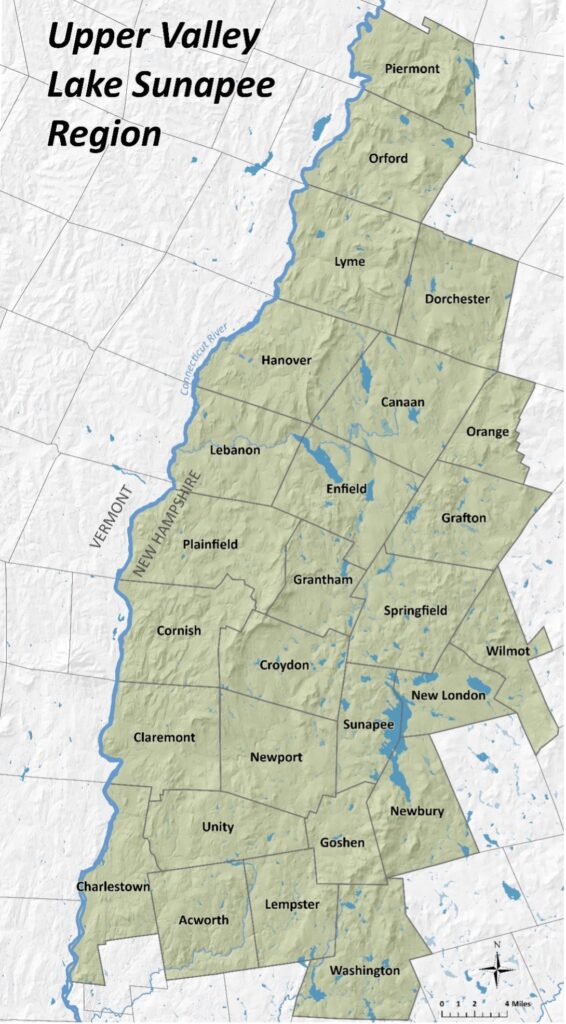 Map of the Upper Valley Lake Sunapee Region showing every town: Piermont, Orford, Lyme, Dorchester, Hanover, Canaan, Orange, Lebanon, Enfield, Grafton, Plainfield, Grantham, Springfield, Wilmont, Cornish, Croydon, Sunapee, New London, Wilmot, Claremont, Newport, Newbury, Unity, Goshen, Charlestown, Acworth, Lempster, Washington